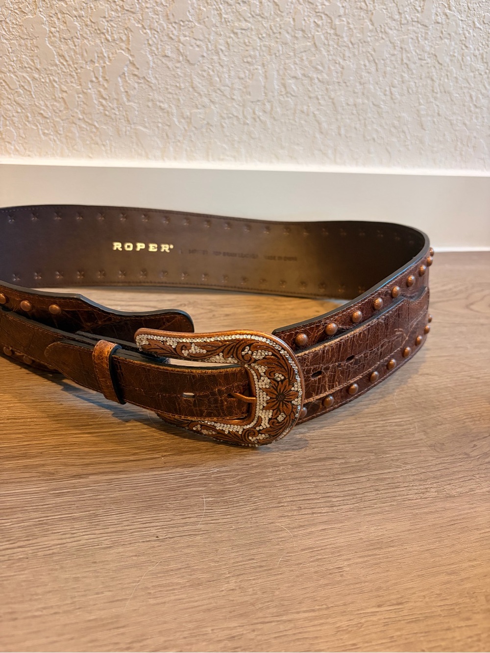 Roper Brown Leather Studded Belt with Floral Western Buckle